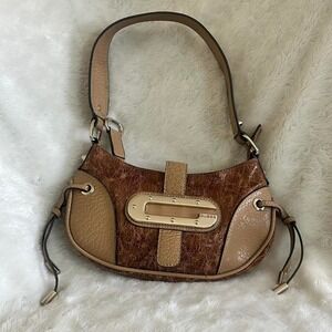 GUESS Y2K Shoulder Bag Brown Tan Drawstring Logo Plate Vintage